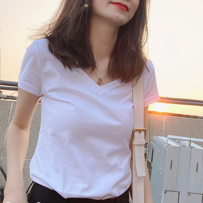 白色t恤女短袖2023年新款修身纯棉上衣春夏季显瘦V领圆紧身打底衫