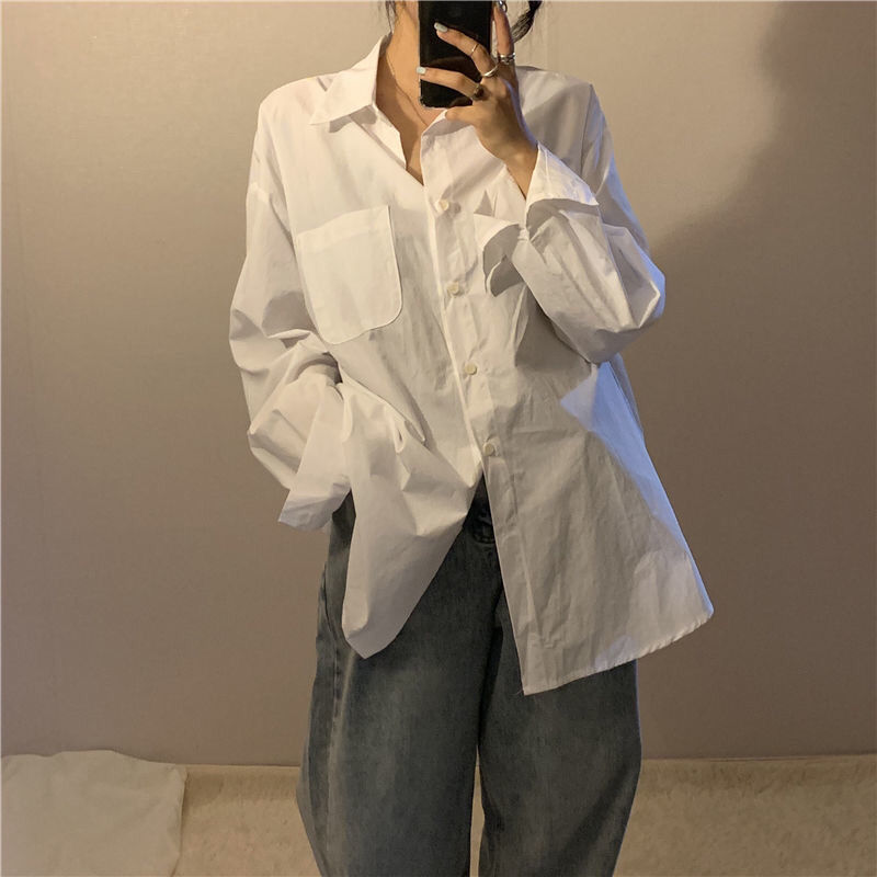 白色衬衫女秋季新款韩版学生宽松长袖衬衣港风复古设计感百搭上衣