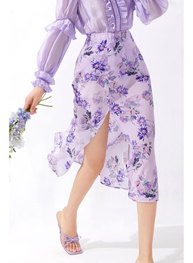 美妃真丝桑蚕丝法式紫色气质印花裙子半身裙新款女春夏设计感小众