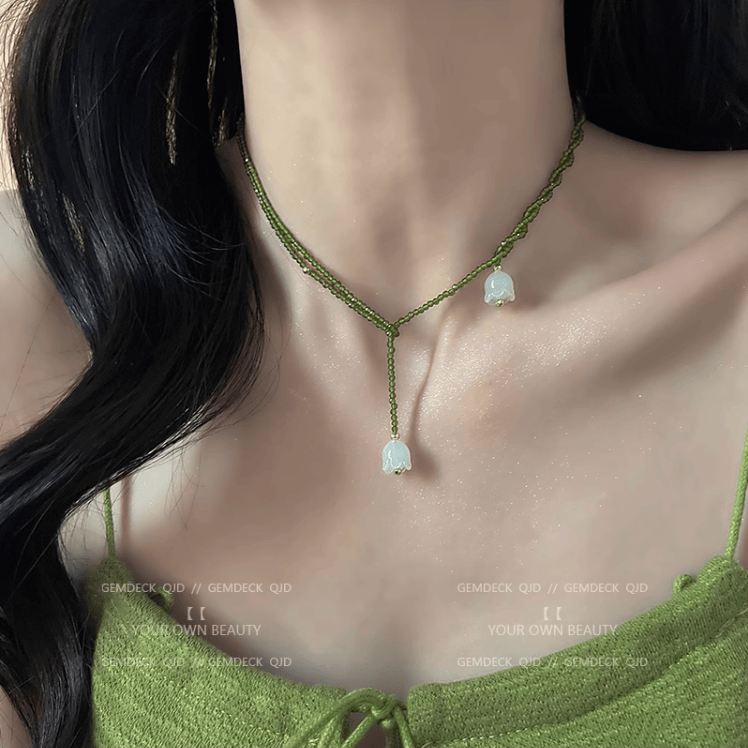 森系多种戴法水晶铃兰项链女复古绿色串珠小众设计锁骨链温柔颈链