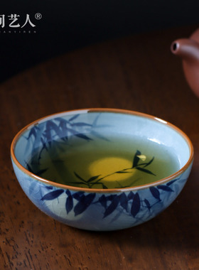 景德镇手绘青花瓷陶泥月影竹普洱杯茶杯主人杯单杯个人茶碗釉下彩