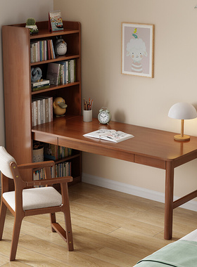 实木书桌家用书柜一体儿童写字桌卧室转角办公桌子书房靠墙电脑桌