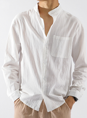 夏季亚麻衬衫男长袖修身休闲薄款纯色日系复古工装春秋季棉麻衬衣