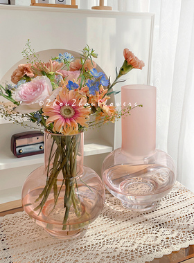 轻奢粉色玻璃花瓶插花瓶现代简约家居客厅样板房软装饰品摆设创意