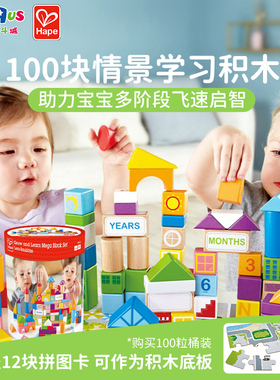 赠玩偶]Hape100粒积木玩具益智拼装1岁婴儿2木制儿童木头桶装礼物