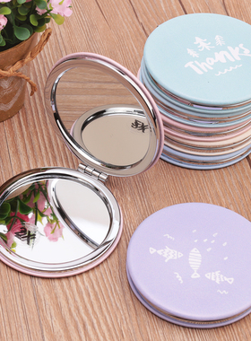 可爱PU化妆镜随身便携简约美容小镜子折叠创意迷你双面圆镜