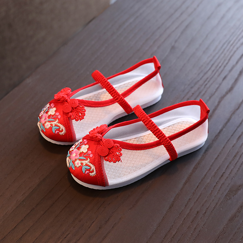 新款夏季女童汉服鞋中国风宝宝透气网面绣花鞋儿童镂空鞋小白网鞋