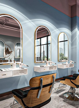 网红理发店镜台美容美发镜子带灯LED镜潮款发廊专用壁挂式剪发镜