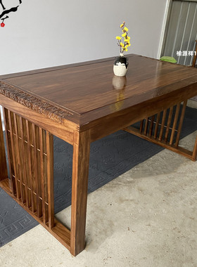 老榆木实木茶桌组合新中式成套书桌家用客桌简约祥云雕刻会议方桌