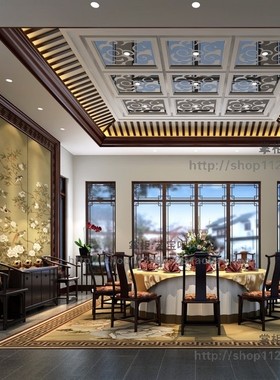 新中式别墅样板房设计CAD施工图3D效果图客厅餐厅吊顶天花背景墙