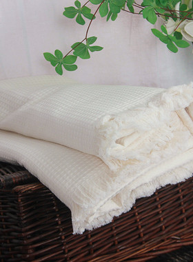 外贸原色纯棉华夫格蜂巢盖毯流苏毯子空调盖毯沙发盖巾桌布背景布