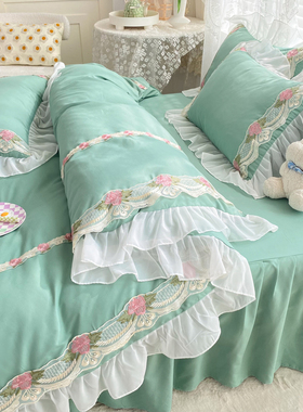 韩版公主风少女心床上四件套全棉纯棉荷叶边被套床裙床单三件套