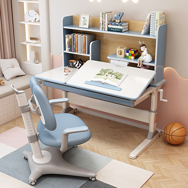 儿童学习桌椅套装可升降书桌书架组合一体家用卧室学生写字桌
