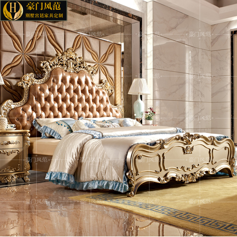欧式全实木床别墅卧室真皮双人床法式雕花新婚大床香槟色高端家具