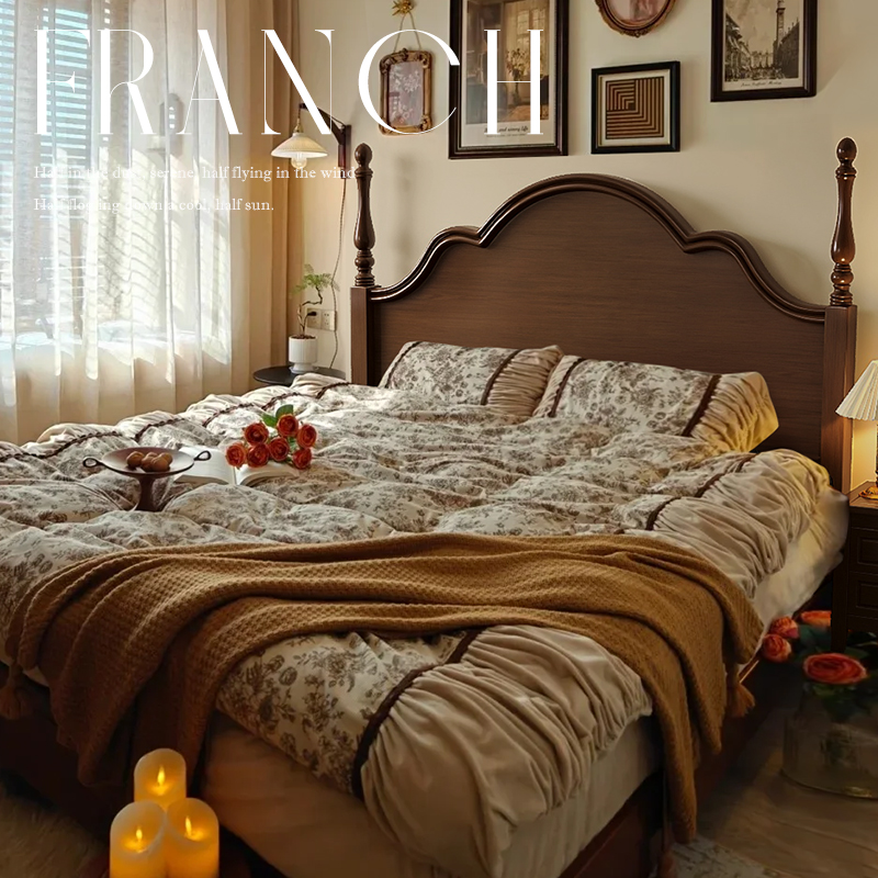 复古美式实木床1.5m1.8米主卧室现代简约咖色法式双人床婚床家具