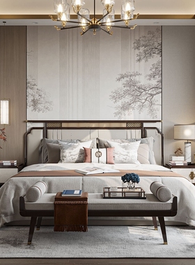 新中式轻奢双人实木床现代简约主卧室婚床样板间白蜡木禅意家具