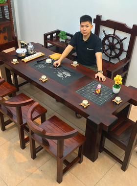 老船木茶桌椅组合一桌五椅实木家用办公室功夫小茶台茶几套装一体