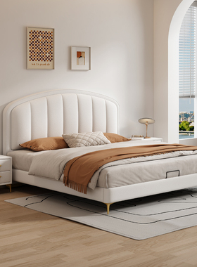 奶油风真皮床轻奢主卧1米8双人储物床现代简约小户型1米5实木婚床