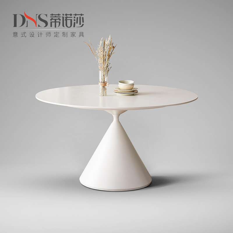 德利丰岩板圆桌小户型纯白色侘寂公寓家用圆桌1.1米圆形岩板餐桌