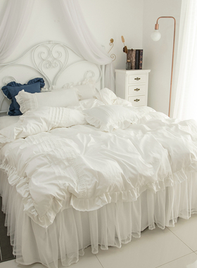 公主风ins纯棉床上用品四件套北欧全棉100被套夏季蕾丝边床裙白色