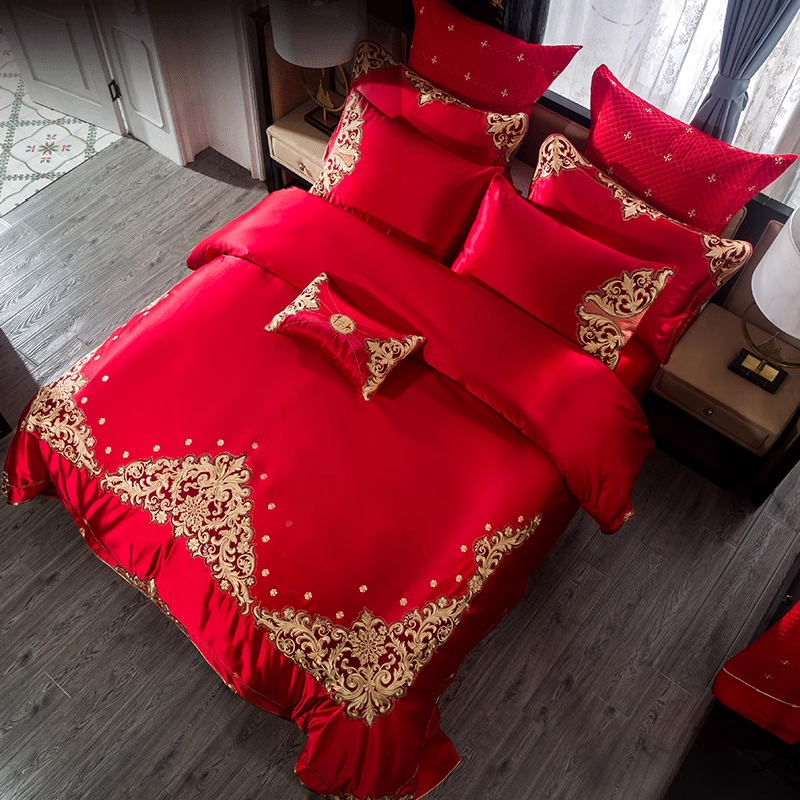 高端欧式奢华婚庆床上用品套件 大红色贡缎刺绣床品十件套