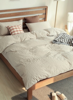 日式纯色水洗棉四件套全棉床单床笠纯棉双人格子被套1.8M床上用品