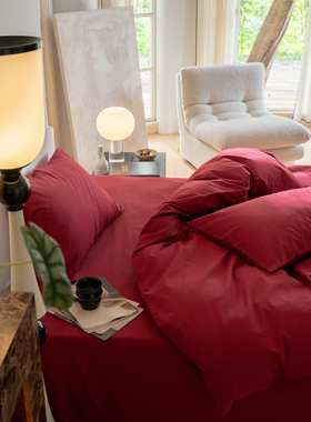 简约100支纯棉磨毛大红四件套全棉1.5m1.8米床上用品床单被套保暖