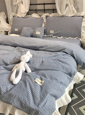纯棉四件套全棉水洗棉简约条纹公主风荷叶边被套床单1.8m床上用品