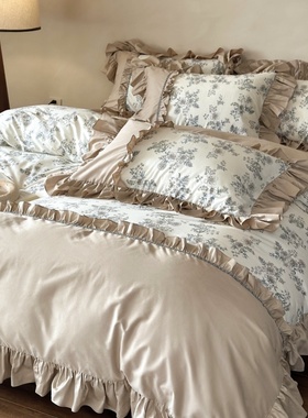 复古风法式全棉四件套花卉印花纯棉荷叶花边被套床单1.8m床上用品