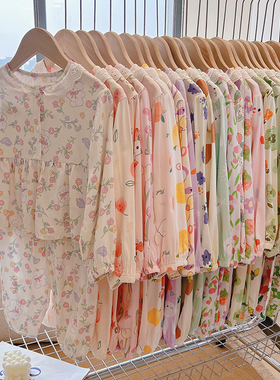 夏季儿童绵绸套装男童女童人造棉长袖家居服凉快舒服空调睡衣碎花