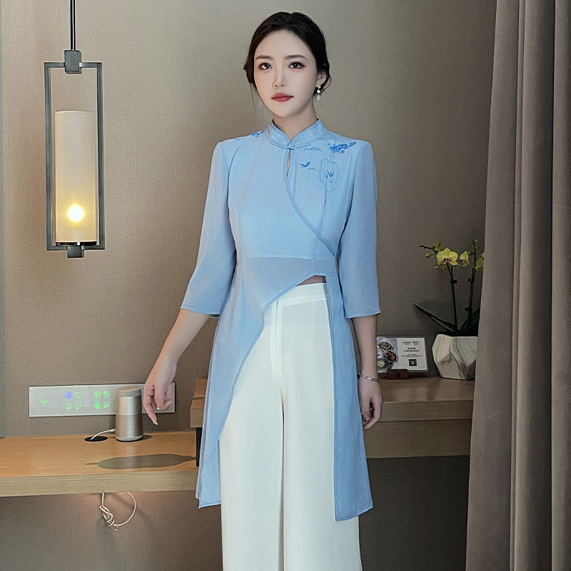 新中式采耳师服装美容院高端养生馆足浴技师工作服仙气长裙两件套