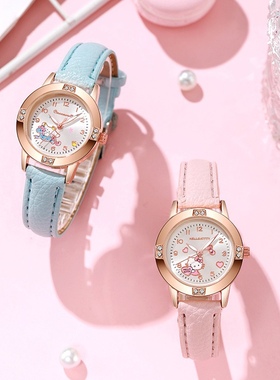 玫瑰金镶钻皮带手表女中学生手表三丽鸥石英表女孩时装手表