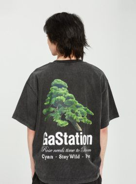Gastation青松短袖T恤康丽数码印花300g重磅复古做旧炒雪花美式
