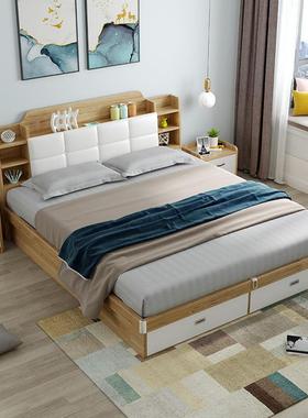 北欧简约卧室主卧双人床1.8米高箱床底储物带抽屉床头柜家具套装