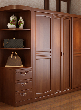 中式全实木推拉门衣柜 整体组合四门储物柜子 卧室家用原木大衣橱