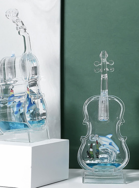 创意小提琴透明水液体蓝色海豚闪光摆件书房桌面装饰品儿童节礼物