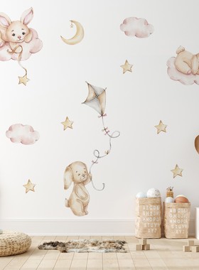 北欧ins风卡通动物兔子贴纸儿童房书房卧室墙面装饰贴画自粘墙贴