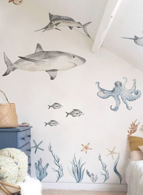 海洋鲨鱼动物插画墙贴儿童房水族馆ins风装饰贴纸书房卧室布置