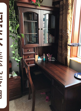 美式儿童实木转角书桌书柜书架一体组合拐角电脑桌书房套装家具全