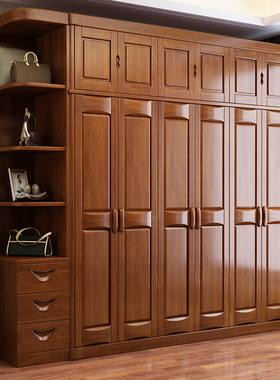 中式卧室全实木大衣柜 家用转角组合原木柜子 木质组装平开门衣橱