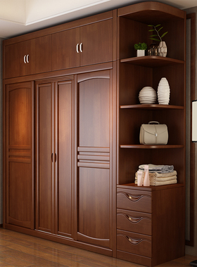 中式实木大衣柜推拉门 主卧室家用四门柜子 整体组合衣橱原木家具