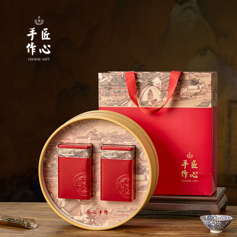新款圆形茶叶包装盒竹编半斤一斤装红茶绿茶龙井通用年货礼盒空盒