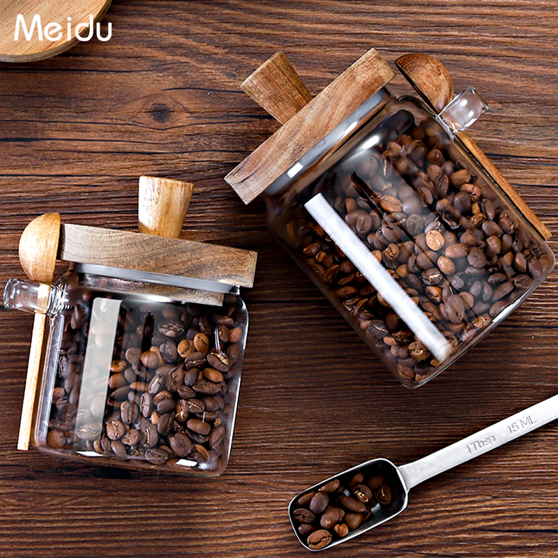 咖啡豆保存罐玻璃密封罐带勺小瓶子豆子收纳盒咖啡粉储存罐茶叶罐