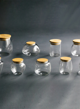 玻璃茶叶罐 密封储物罐大小号 便携竹木盖茶罐透明玻璃罐定制logo