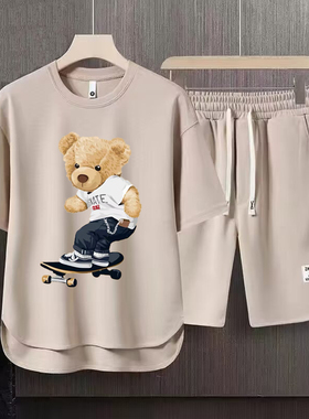 夏季华夫格小熊休闲套装男大码跑步运动服短袖T恤宽松短裤两件套