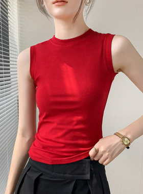 红色无袖打底衫女2024春夏瑜伽户外运动背心紧身T恤健身透气上衣