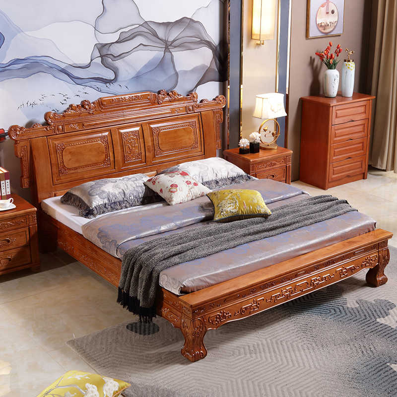 全实木床新中式双人床1.8米仿古雕花大床明清古典婚床主卧室家具