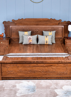 鸡翅木卧室高低床新中式红木双人床全明清古典全实木主卧雕花大床