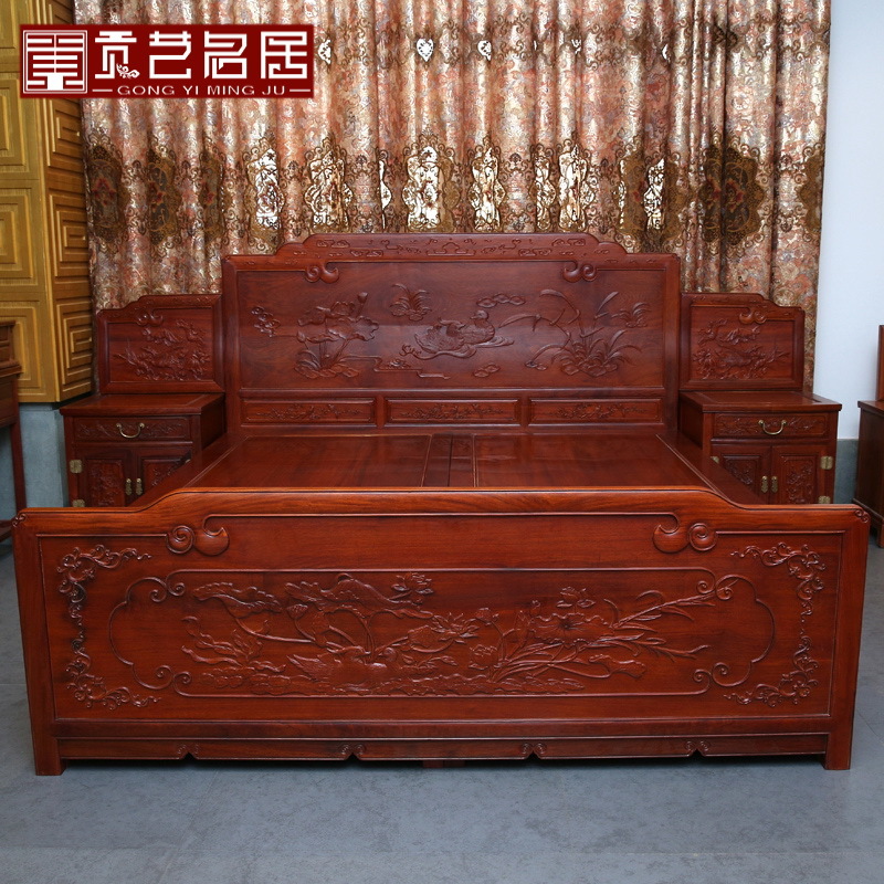 红木家具大果紫檀古典中式鸳鸯戏水双人床实木花梨木卧室带床头柜