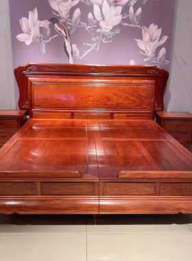 缅甸花梨1.8米实木大床大果紫檀双人大脚床简约储物卧室红木家具